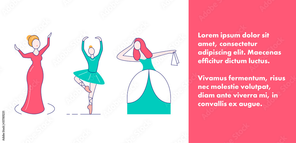 Banner for the website for the theater, opera, museum. Minimalistic theatre creative poster template. Theatrical women. Set of professions. Opera singer, ballerina, actress.