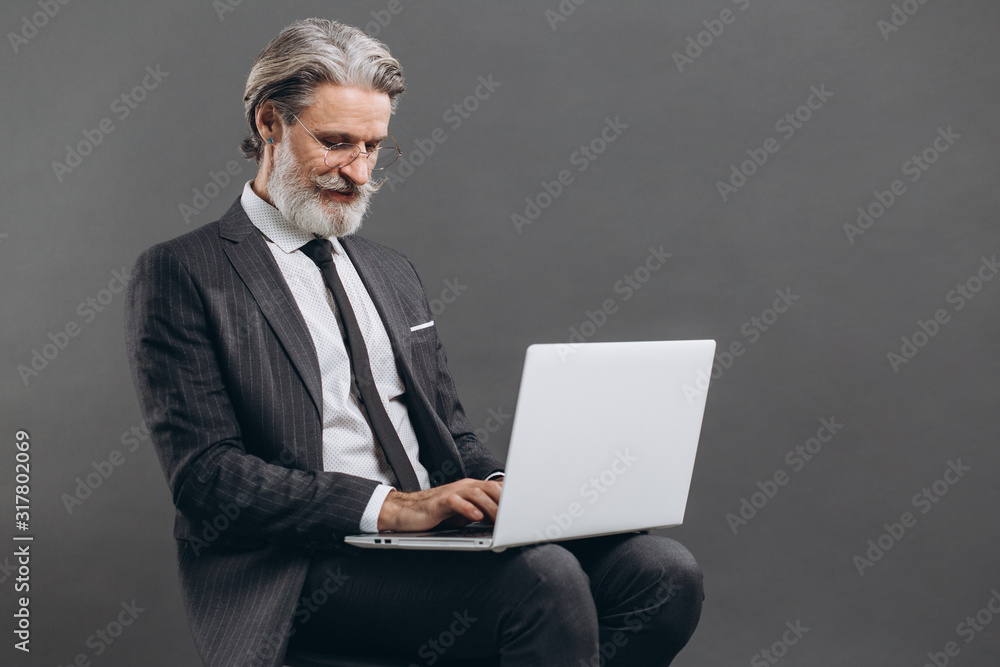 Business and fashionable bearded mature man in a gray suit smiling and using laptop on the grey background. Business and fashionable bearded mature man in a gray suit smiling and using laptop on the grey background.