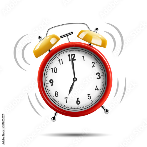 Realistic red alarm clock ringing, isolated on white background. Vector Illustration