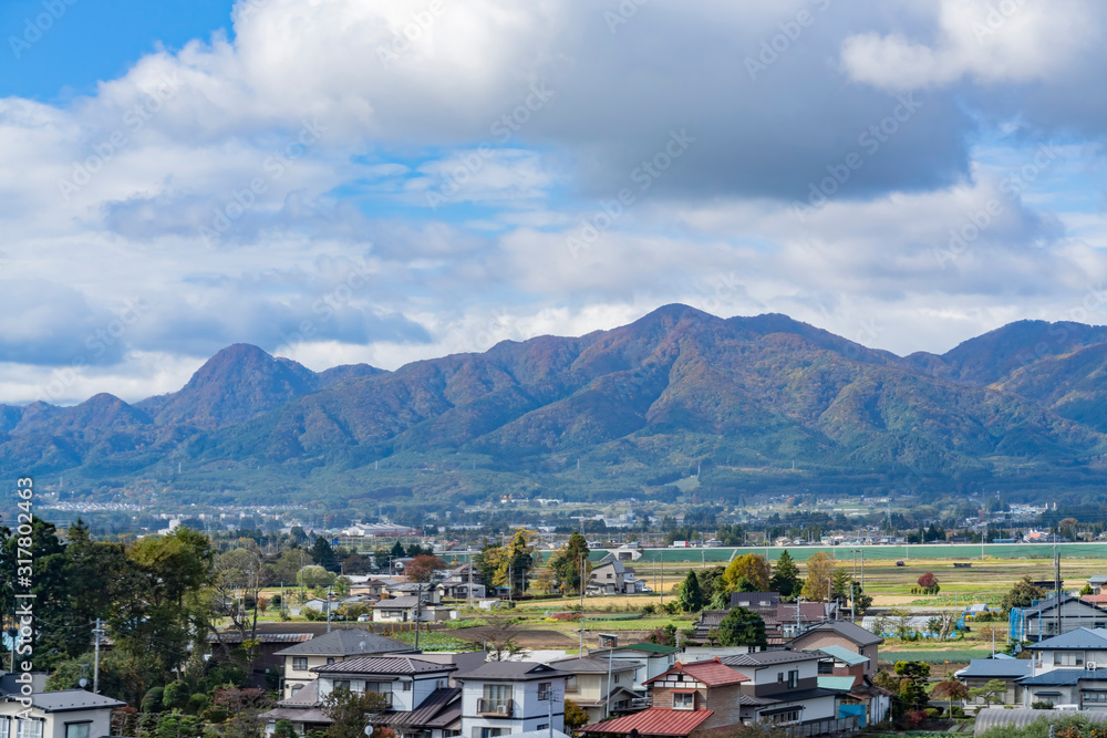 Morning high angle view of the rural cityscape near Sendai