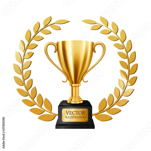 Realistic Golden Trophy with Gold Laurel Wreath, isolated on white background. Vector Illustration