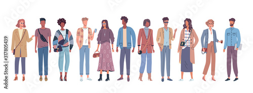 Group of modern young people flat vector illustration set