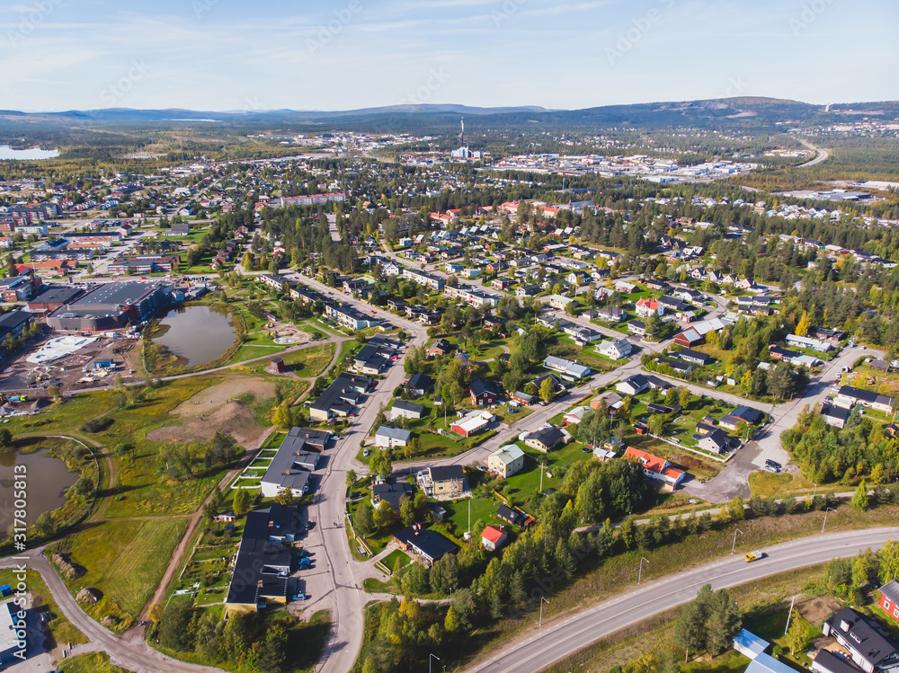 Aerial summer sunny view of Gallivare town, a locality and the seat of Gallivare Municipality in Norrbotten County, province of Lapland, Sweden