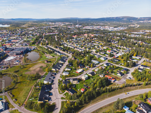 Aerial summer sunny view of Gallivare town, a locality and the seat of Gallivare Municipality in Norrbotten County, province of Lapland, Sweden
