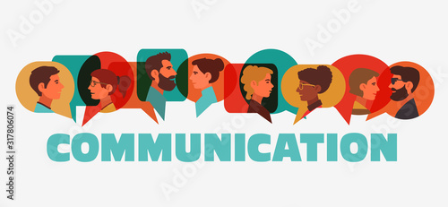 Group of young people speaking together. Male and female faces avatars and the word 'communication' with colorful dialog speech bubbles. Communication, teamwork and connection vector concept