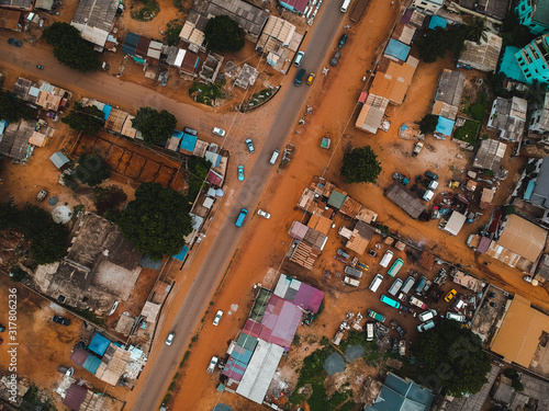 Drone shot of town in Ghana
