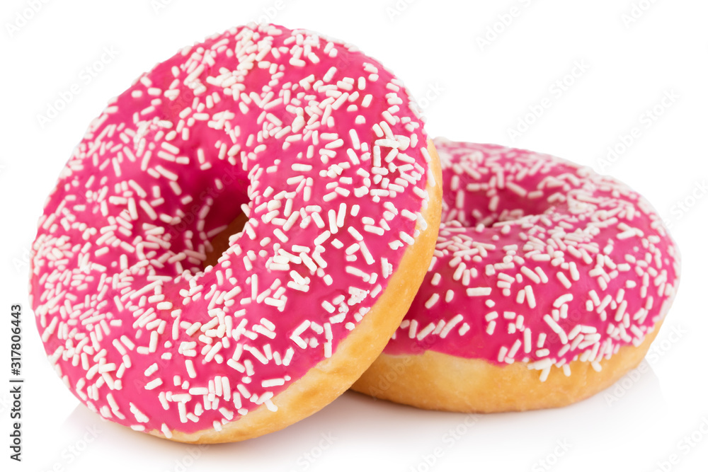Pink donut with colorful sprinkles isolated on white background Pink donut with colorful sprinkles isolated on white background