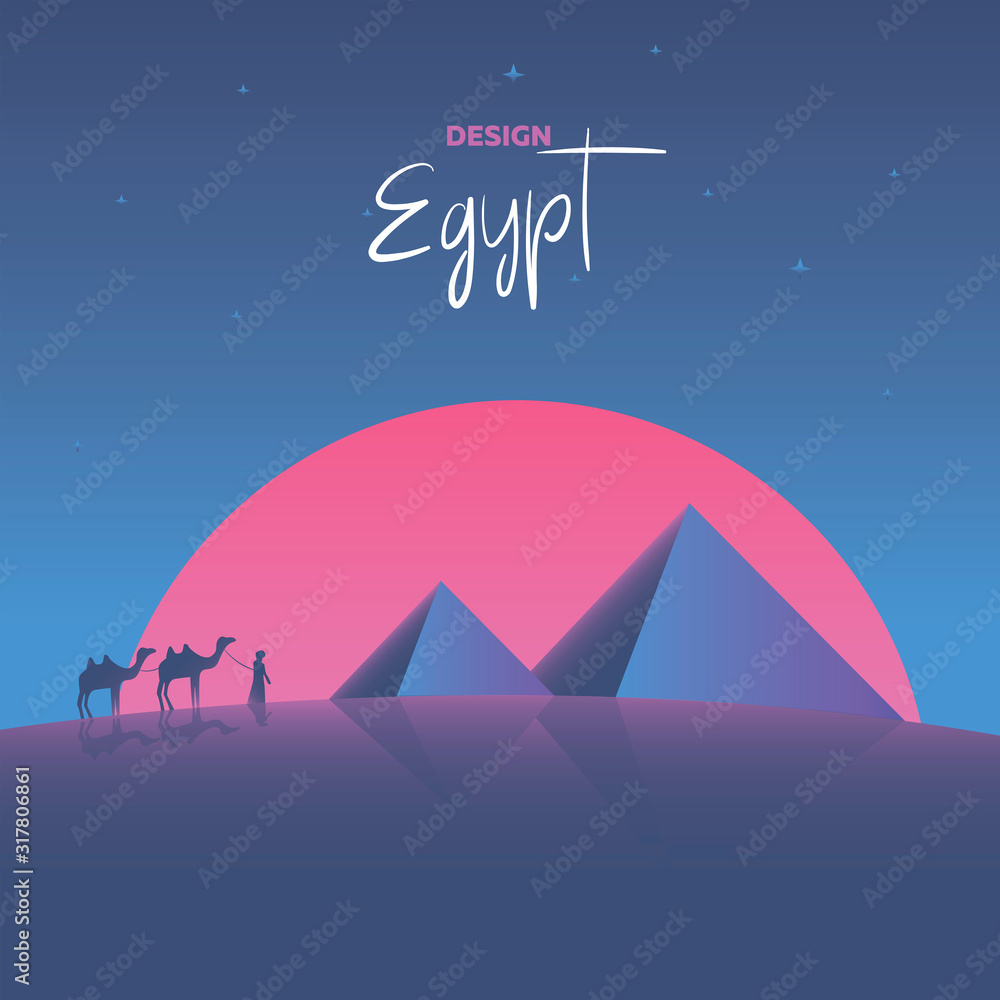 Vector illustration, inspired by the disco music of the 80s, 3d background, neon, Egyptian with camels go to the pyramids. Vector illustration, inspired by the disco music of the 80s, 3d background, neon, Egyptian with camels go to the pyramids.
