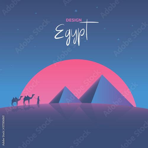 Vector illustration, inspired by the disco music of the 80s, 3d background, neon, Egyptian with camels go to the pyramids.