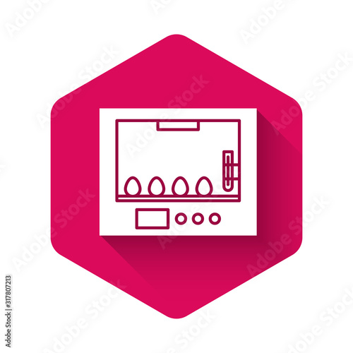 White Incubator for eggs icon isolated with long shadow. Pink hexagon button. Vector Illustration