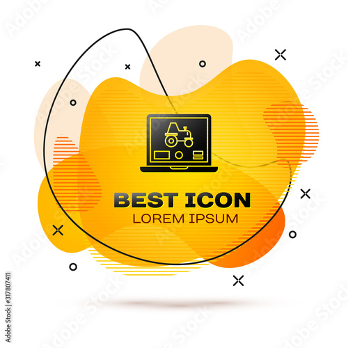 Black Laptop application for control a autonomous tractor on a smart farm icon isolated on white background. Smart agriculture implement. Abstract banner with liquid shapes. Vector Illustration