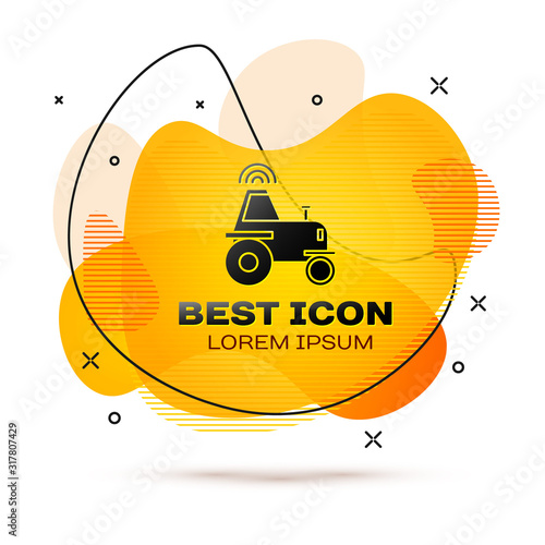 Black Self driving wireless tractor on a smart farm icon isolated on white background. Smart agriculture implement element. Abstract banner with liquid shapes. Vector Illustration