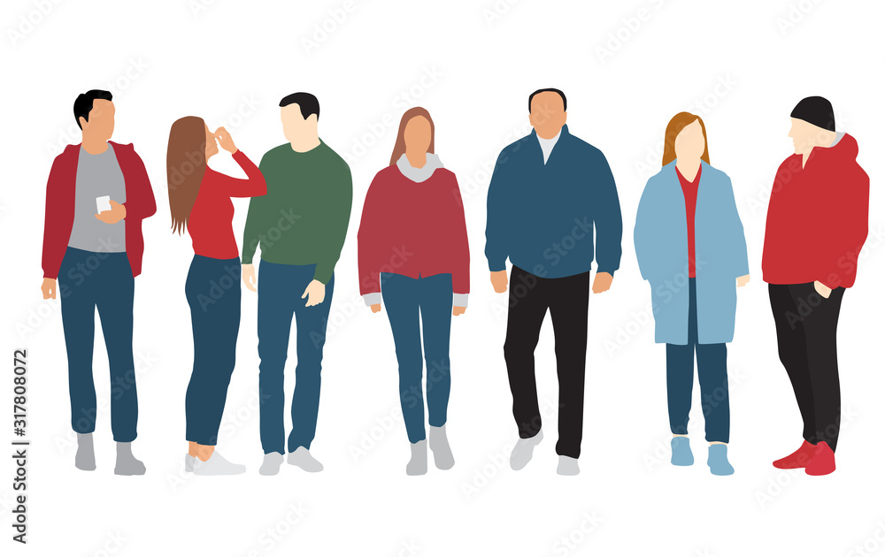 Silhouettes of men and women in outerwear, different colors, cartoon character, group of standing business people, flat icon design concept isolated on white background
