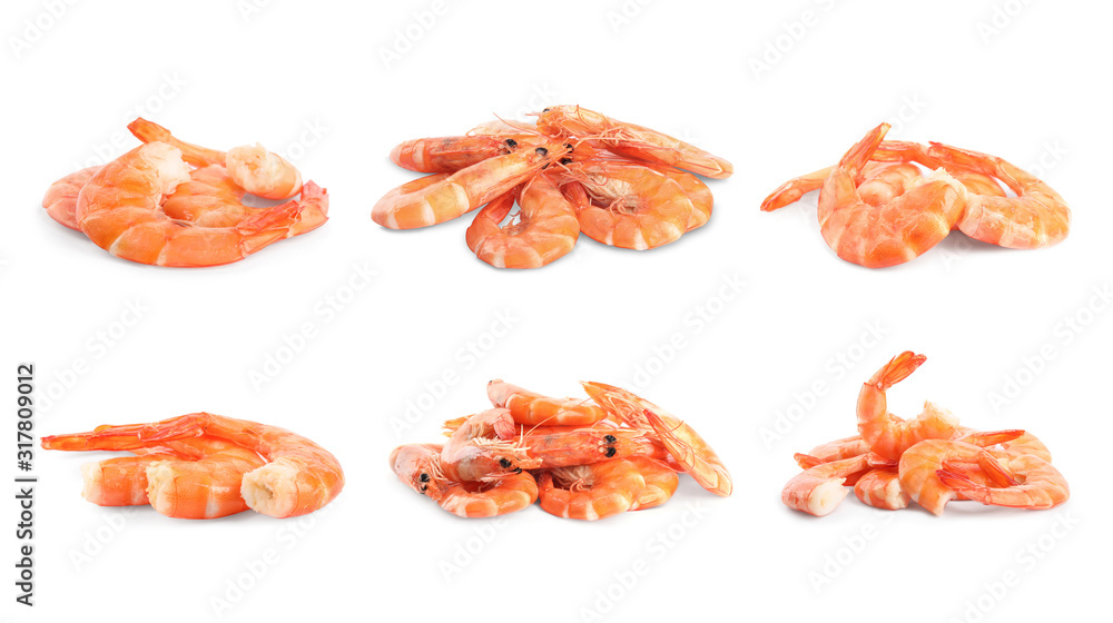 Set of delicious freshly cooked shrimps on white background Set of delicious freshly cooked shrimps on white background
