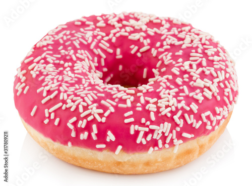 Pink donut with colorful sprinkles isolated on white background