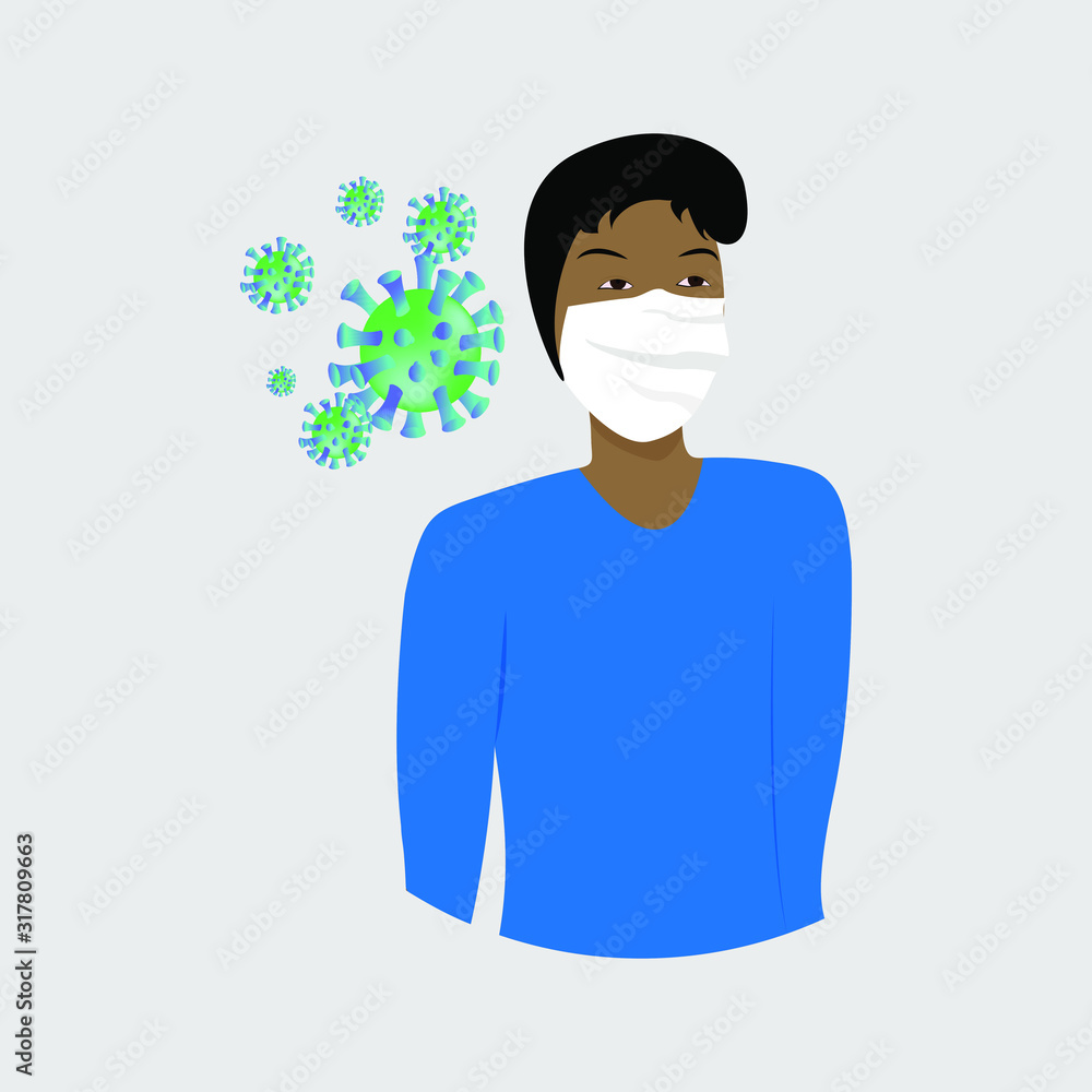 Chinese man in a medical mask and on the background of a dangerous virus. Coronavirus in China (2019-nKoV). The concept of protection against infection. Vector illustration isolated on white Chinese man in a medical mask and on the background of a dangerous virus. Coronavirus in China (2019-nKoV). The concept of protection against infection. Vector illustration isolated on white