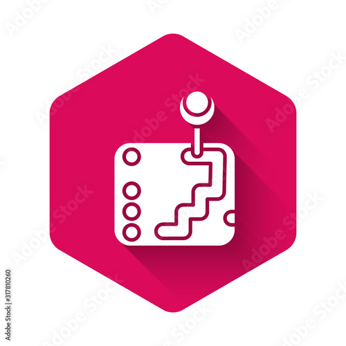 White Gear shifter icon isolated with long shadow. Transmission icon. Pink hexagon button. Vector Illustration