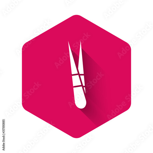 White Eyebrow tweezers icon isolated with long shadow. Cosmetic tweezers for ingrown hair. Pink hexagon button. Vector Illustration