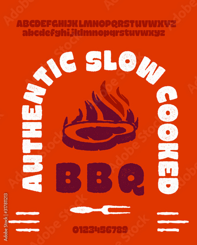 Hand drawn font for cafes, bars, restaurants where meat is eaten. Brazier, blood, grill, open fire inspired typeface. Textured unique script style alphabet. Letters and numbers. Vector Illustration.