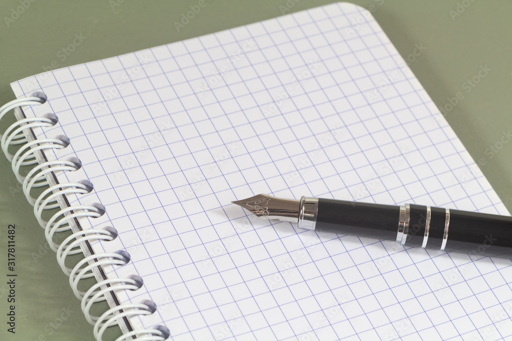 Open lined notebook and black fountain pen Open lined notebook and black fountain pen