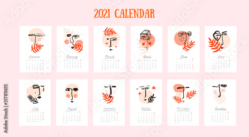 2021 Wall calendar with abstract face in pastel colors. 12 months set. Week starts on Monday. Vertical A4.