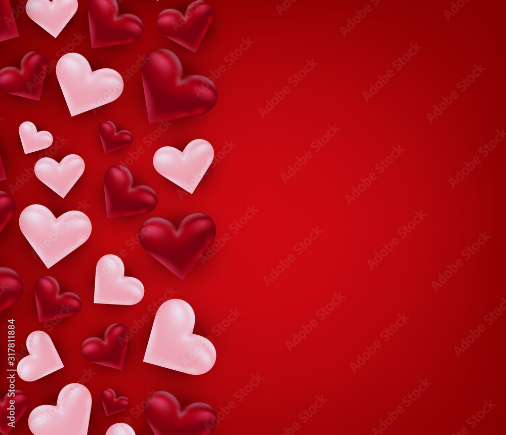 Valentines Day banner background with 3d pink and red hearts. Love design concept. Romantic invitation or sale offer promo. Vector illustration.