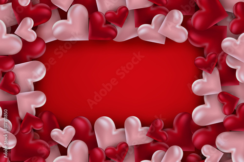 Valentines Day banner background with 3d pink and red hearts. Love design concept. Romantic invitation or sale offer promo. Vector illustration.