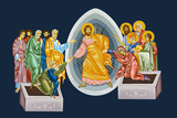 Easter. Illustration in Byzantine style depicting the scene of the Jesus Christ's resurrection on dark blue background