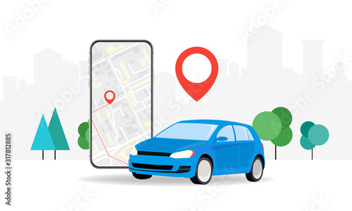 Concepts Online ordering a taxi car using the mobile application service. Smartphone screen on the background of the city with the location of the route and points on the map. Vector illustration