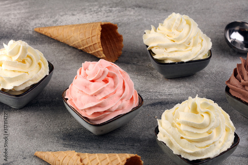 soft ice cream in flavor vanilla, chocolate and strawberry. Delicous creamy refreshing ice cream