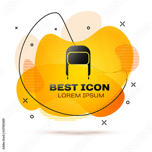 Black Winter hat with ear flaps icon isolated on white background. Abstract banner with liquid shapes. Vector Illustration
