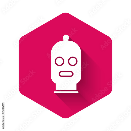 White Balaclava icon isolated with long shadow. A piece of clothing for winter sports or a mask for a criminal or a thief. Pink hexagon button. Vector Illustration