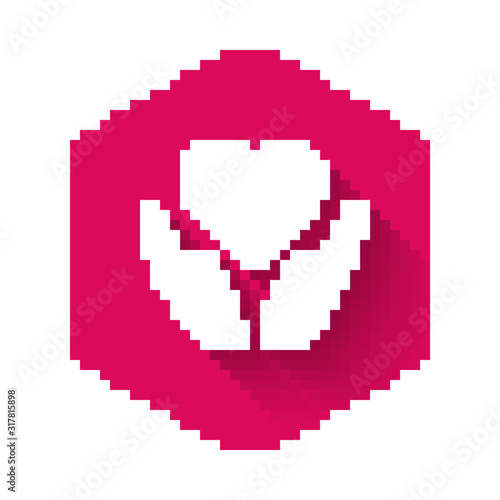 White Heart on hand icon isolated with long shadow. Hand giving love symbol. Valentines day symbol. Pink hexagon button. Vector Illustration