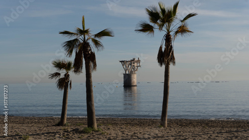 Palmeras con el mar y  torre de fondo en la playa del cable marbella © Bion