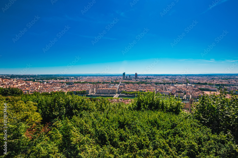 Obraz premium Lyon panorama elevated view on sunny day. Aerial panoramic view of Lyon with the skyline.