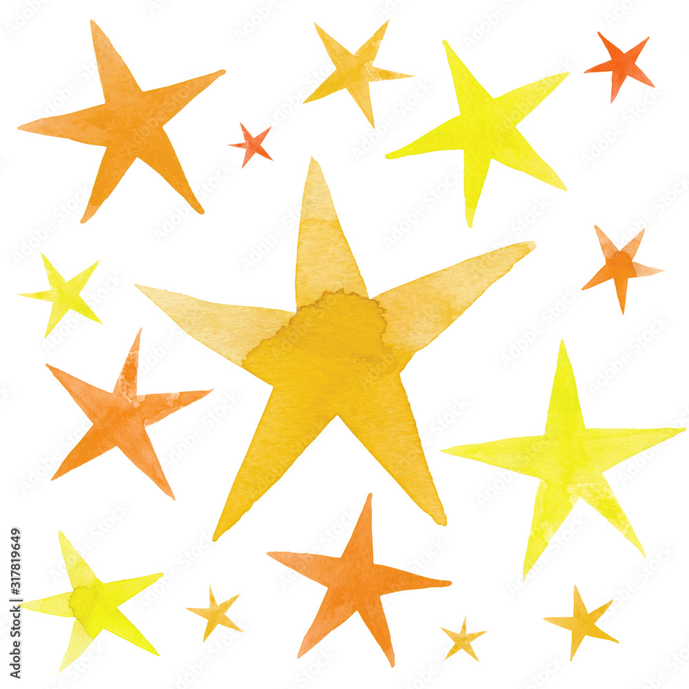 Isolated watercolor illustration of yellow and orange ink stars set