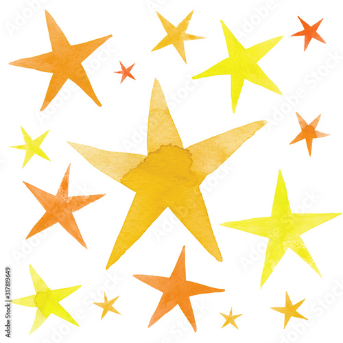 Isolated watercolor illustration of yellow and orange ink stars set