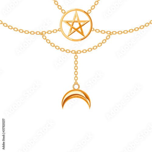 Background with golden metallic necklace. Pentagram pendant and chains. On white. Vector illustration