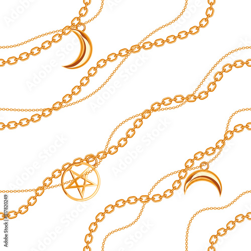 Seamless pattern background with pentagram and moon pendants on golden metallic chain. On white. Vector illustration