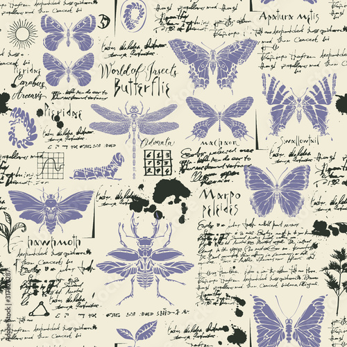 Vector abstract seamless pattern with insects. Various butterflies, beetles, ink spots, sketches and illegible notes on the old manuscript background. Suitable for wallpaper, wrapping paper, fabric