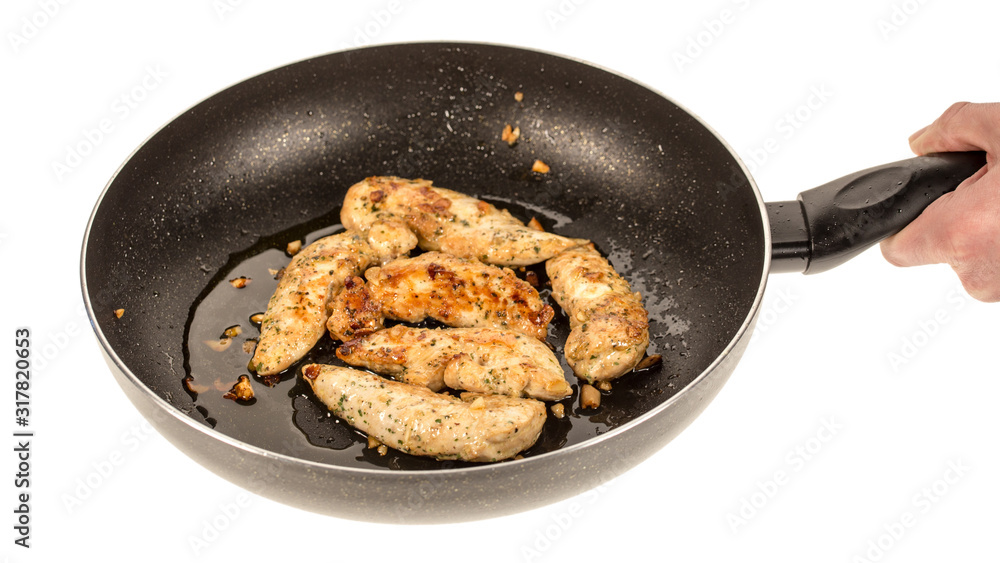 frying pan with meat on white background frying pan with meat on white background