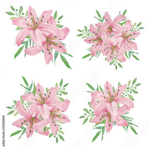 Watercolor pink lily flower bouquet illustration