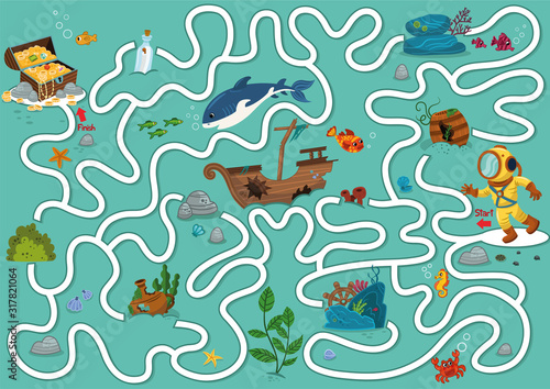 Help the diver to reach the treasure chest. Maze game for kids. Vector illustration.