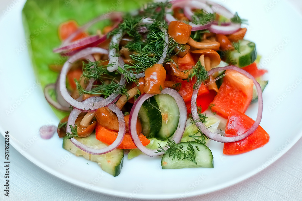 Classic salad with mushrooms and onions. Salad on a white plate. Classic salad with mushrooms and onions. Salad on a white plate.