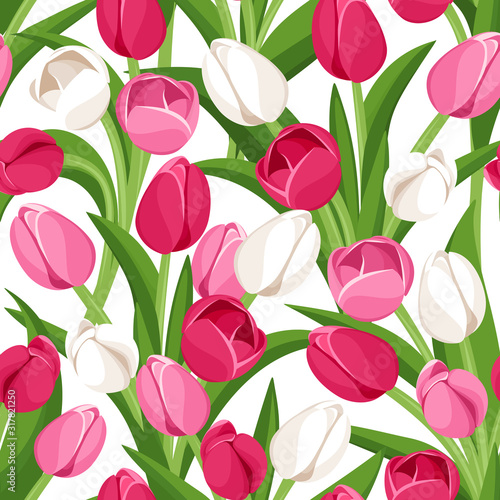 Vector seamless pattern with red, pink and white tulips and green leaves on a white background.