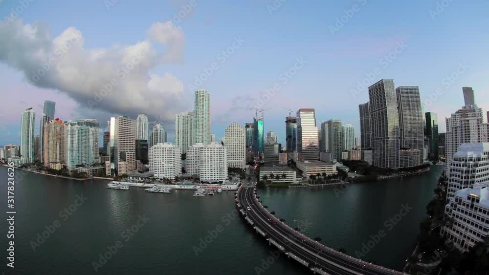 View from Brickell Key, a small island covered in apartment towers, towards the Miami skyline, Miami, Florida, USA - Time lapse View from Brickell Key, a small island covered in apartment towers, towards the Miami skyline, Miami, Florida, USA - Time lapse