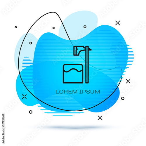 Line Executioner axe in tree block icon isolated on white background. Hangman, torturer, executor, tormentor, butcher, headsman. Abstract banner with liquid shapes. Vector Illustration