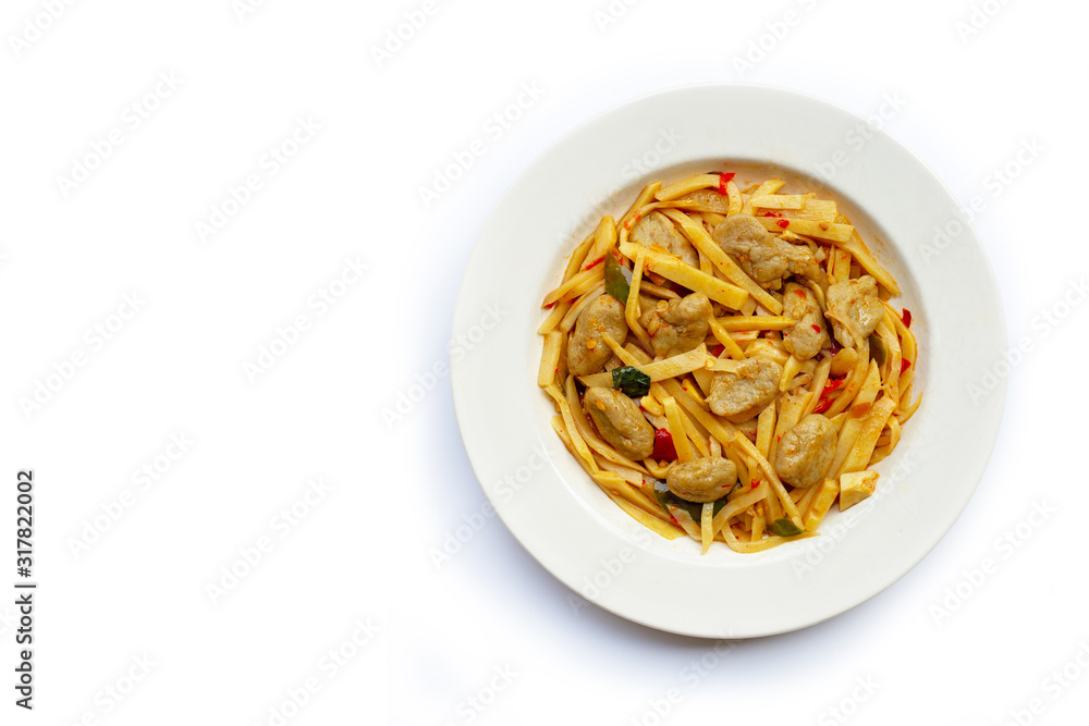 Spicy preserved bamboo shoot stir fried recipe with fish ball on white background. Spicy preserved bamboo shoot stir fried recipe with fish ball on white background.