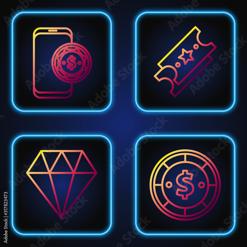Set line Casino chip with dollar, Diamond, Online poker table game and Lottery ticket. Gradient color icons. Vector
