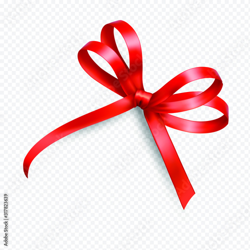 Realistic red bow and ribbon isolated on transparent background.